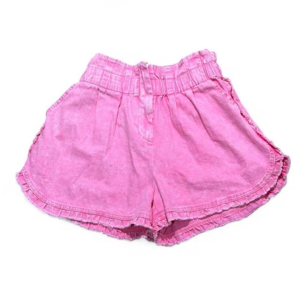 Bubble gum pink denim high waist paperbag zip up shorts ruffles elastic waist